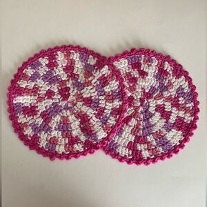 Vtg Pair of Handmade Crocheted Trivets/Potholders Acrylic Yarn Pink Purple White